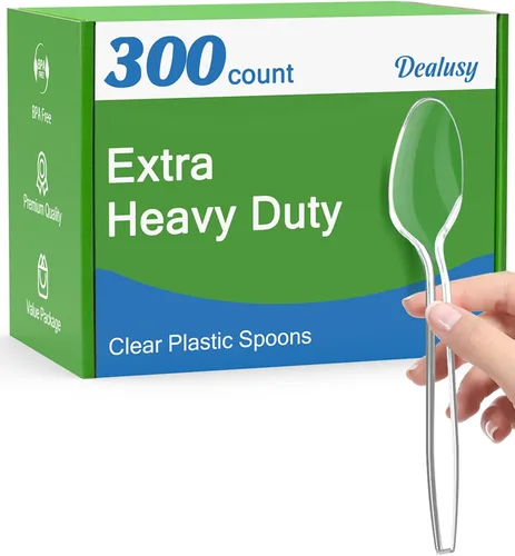 Vista 12 de Dealusy 100 unidades de tenedores de plástico transparente extra resistentes desechables, libres de BPA, resistentes al calor, tenedores desechables