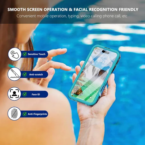 Vista 8 de Funda resistente a prueba de agua para iPhone 16 Plus de 6.7", protector incorporado, negro-verde azulado IP68 6.6FT waterproof, shockproof