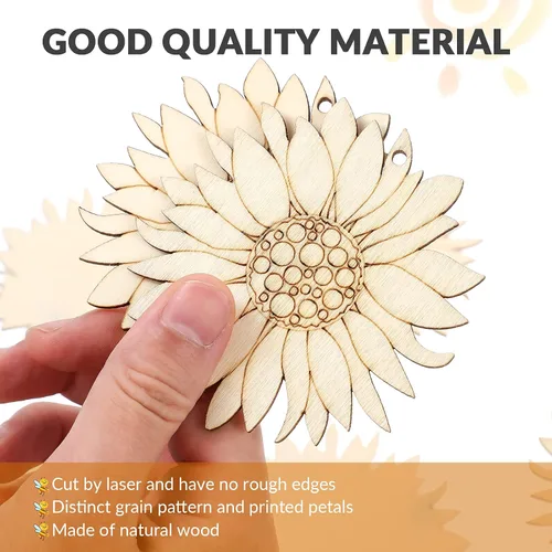 Vista 5 de 10 piezas de madera sin terminar con forma de girasol, piezas de discos de rebanadas para manualidades, decoración de primavera