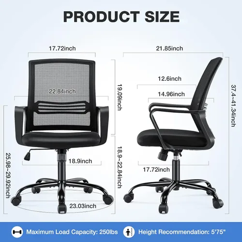 Vista 3 de Silla de oficina ergonómica, silla de oficina con respaldo medio, silla de escritorio de oficina con ruedas, silla de computadora con soporte