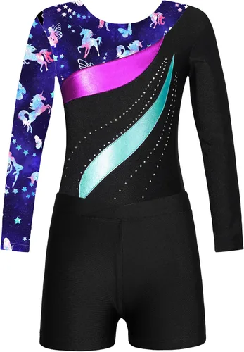 Vista 3 de TiaoBug Conjunto de leotardo de gimnasia de manga larga para niñas y niñas con pantalones cortos