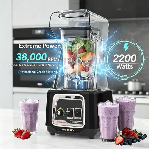 Vista 5 de CRANDDI Licuadora comercial, licuadoras de encimera de 2200 W con escudo extraíble, licuadora silenciosa para batidos y trituración de hielo, Negro