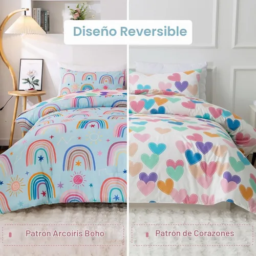 Vista 4 de Holawakaka Juego de edredón bohemio arcoíris tamaño individual con sábanas, juego de cama bohemio de 5 piezas con corazón, estrella y amor para Azul