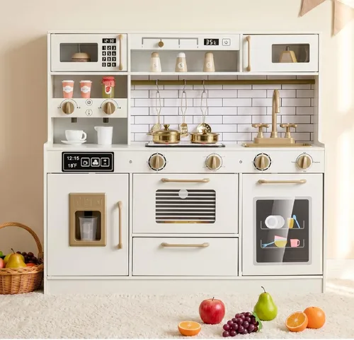 Vista 11 de INFANS Juego de cocina para niños, cocina de madera con sonido ligero realista, juguete de cocina para niños y niñas mayores de 3 años (blanco)
