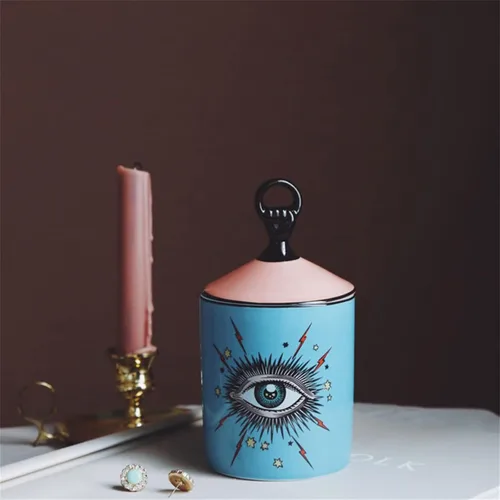 Vista 3 de Gran tarro de vela aromática de cielo estrellado con tapa de ojos, tarro de cerámica Makecup, soporte para hisopos de algodón, decoración del hogar