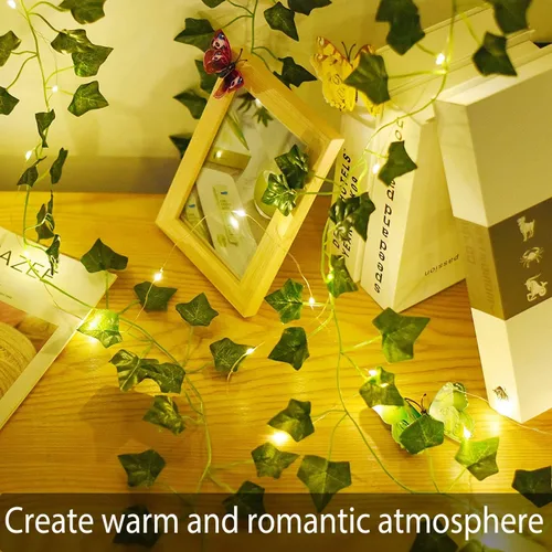 Vista 2 de Fielegen Ivy Vine de 6.56 pies con 20 luces LED de hadas, paquete de 2 2 pack ivy garland with lights, no assembly needed. 2AA battery powered.