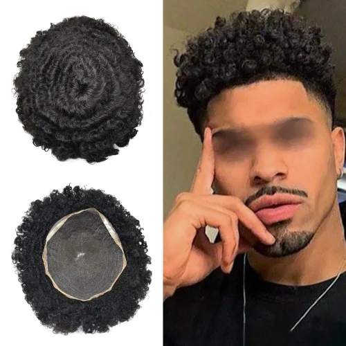 Vista 10 de Peluca de encaje suizo rizado afro para hombre, sistema de repuesto de peluca de encaje completo, extensiones duraderas de cabello humano #1 Negro