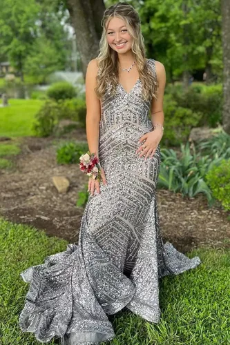 Vista 5 de Vestido de fiesta de sirena con lentejuelas brillantes, cuello en V profundo, espalda descubierta, vestidos de fiesta formales con tren