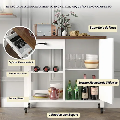 Vista 3 de Carrito pequeño de isla de cocina con ruedas con mesa de madera de 31.4