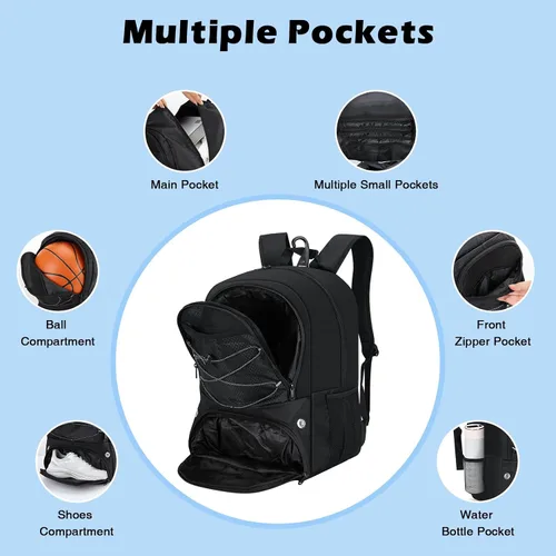 Vista 6 de MoKo Mochila de baloncesto con gancho, mochila grande de voleibol y fútbol, bolsa de gimnasio con compartimentos separados para pelotas y zapatos