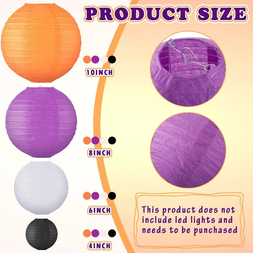 Vista 3 de VIHOSE 16 linternas de papel colgantes de Halloween, linternas de papel redondas, decorativas, naranja, morado, negro, blanco, para Halloween