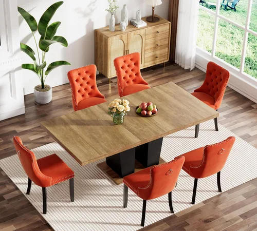 Vista 117 de Juego de mesa de comedor extensible marrón de 63 a 78.74 pulgadas para 4, juego de mesa de comedor de 5 piezas con 4 sillas, mesa de cocina