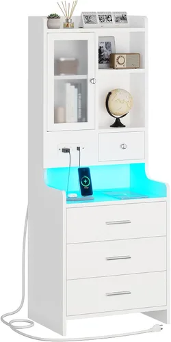 Vista 8 de ADORNEVE - Mesita de noche alta con estación de carga y luces LED, mesita de noche de 49.2" con estantería, estante ajustable con puerta de vidrio