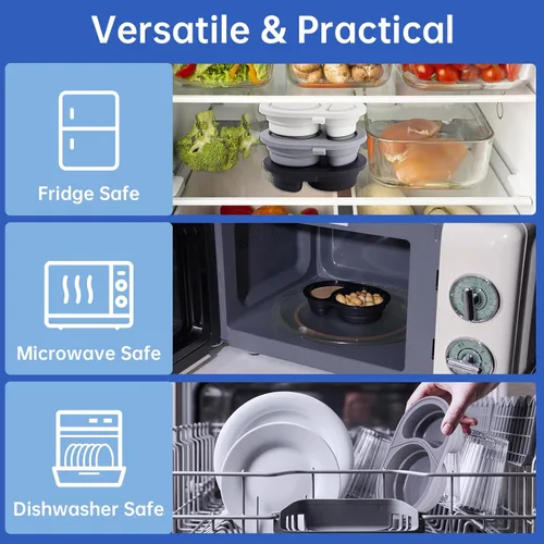 Vista 4 de NiHome Paquete de 3 recipientes de silicona reutilizables de doble compartimento con tapas, seguros para alimentos de bebé, a prueba de fugas