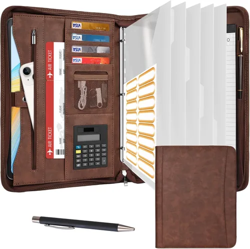 Vista 10 de Eshow Padfolio para hombres y mujeres con bolígrafo, cartera de cuero con cremallera, organizador profesional de currículum de entrevistas