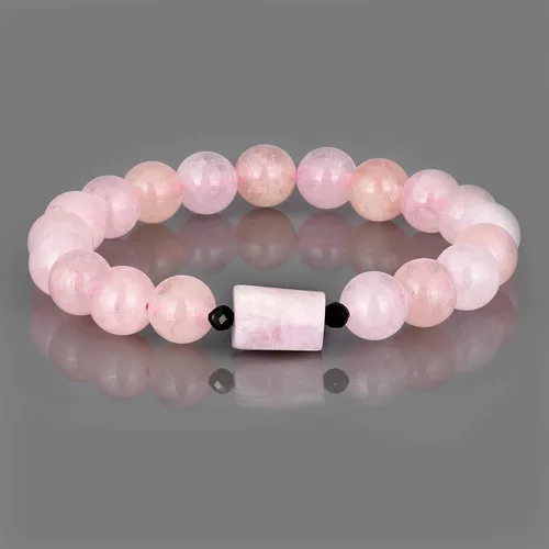 Vista 3 de NirvanaIN Pulsera mate elástica de morganita con kunzita, pulseras de morganita para mujer, pulsera mate de piedra rosa, pulsera de cuentas