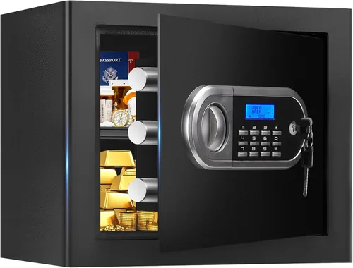 Vista 13 de Caja fuerte pequeña para uso doméstico, caja de seguridad digital con cerradura de combinación, estante extraíble y llaves de repuesto, caja fuerte