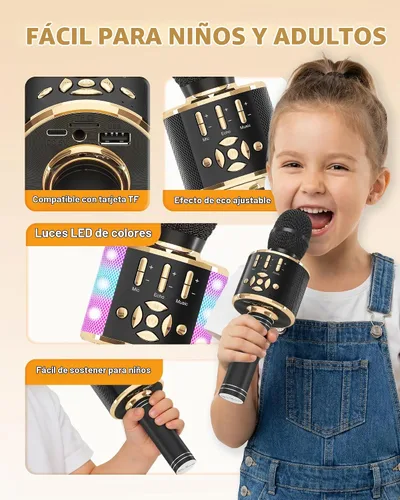 Vista 6 de Amazmic Máquina de Micrófono de Karaoke para Niños, Micrófono Bluetooth Portátil, Micrófono de Karaoke Inalámbrico de Mano con Luces LED, Regalo