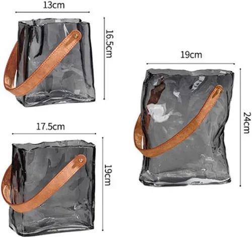 Vista 5 de Jarrón de cristal para flores, jarrones transparentes para centros de mesa, florero de bolsa con mango de cuero para decoración de bodas