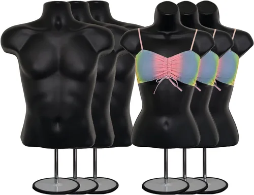 Vista 33 de Maniquí de torso masculino y femenino con soporte de metal, cuerpo con respaldo hueco, apilable, forma de vestido para exhibición de camisetas Negro