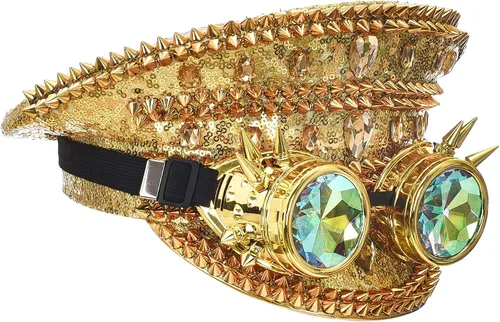 Vista 3 de bslingerie Sombrero steampunk con lentejuelas y diamantes de imitación para mujer, para fiesta rave, festival, capitán con gafas
