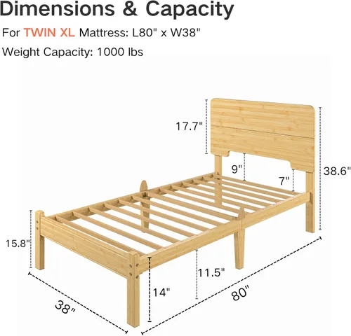 Vista 2 de Marco de cama individual XL de madera maciza de bambú de 14 Natural