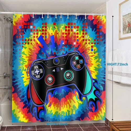 Vista 2 de Gdmoon Cortina de ducha para niños, videojuegos, colorido graffiti hip hop para niños, gamepad negro, moderno, fresco, regalo para niños