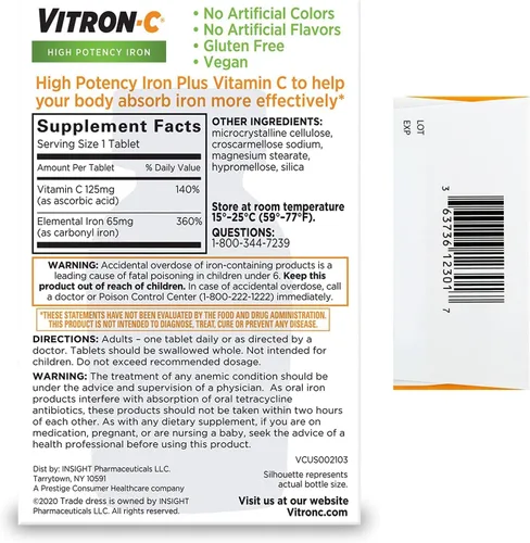 Vista 7 de Vitron-C Suplemento de hierro Plus tabletas recubiertas de vitamina C 60 unidades (paquete de 4)