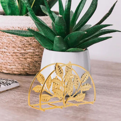 Vista 5 de Golden Iron Napkin Holder with Leaf Design, Large Metal Paper Napkin Stand for Kitchen and Restaurant Table, Rustic Style Bathroom and Dining