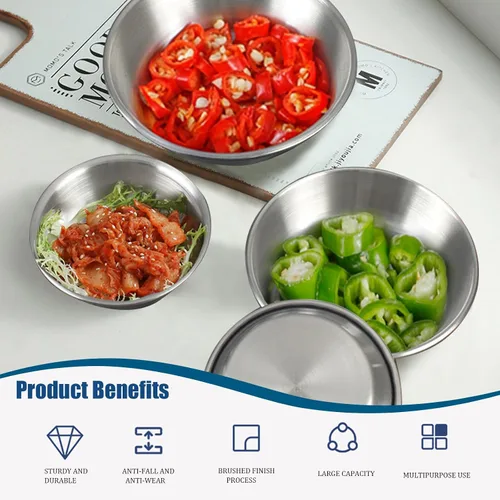 Vista 6 de Plato de salsa de acero inoxidable, platos individuales para salsas, pequeños ramequines de metal, pequeños tazones de condimento, platos de soja
