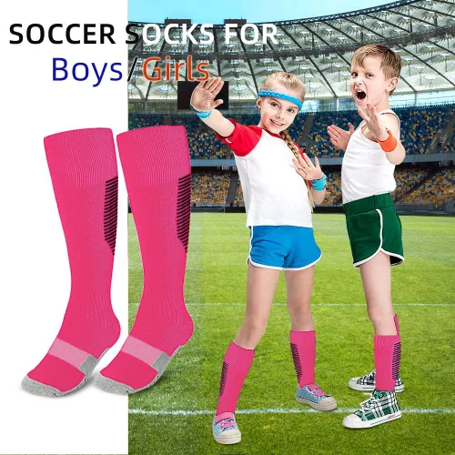 Vista 7 de ZEPOHCK Calcetines deportivos de fútbol para niños, 2 pares de calcetines hasta la rodilla para jóvenes y niñas para talla de zapato de 3 a 6.5