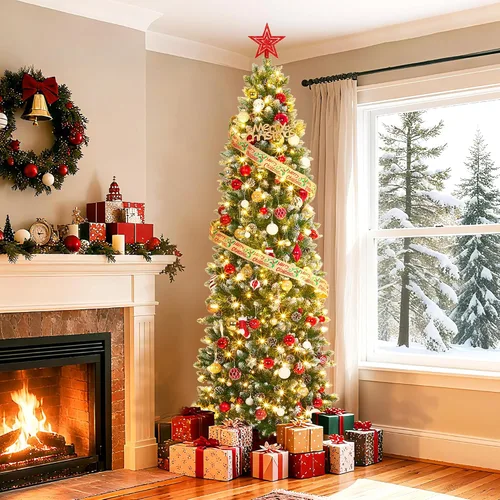 Vista 8 de Árbol de Navidad artificial flocado de nieve de 6 pies, árbol de Navidad delgado sin luz con piñas, puntas de ramas de PVC, soporte de metal