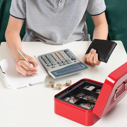 Vista 6 de Caja de dinero pequeña con bandeja de dinero y cerradura, caja de dinero de metal para efectivo, caja de seguridad de 7.87 x 6.3 x 3.54 pulgadas