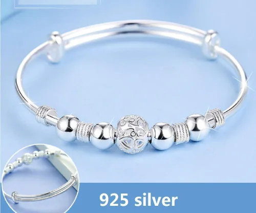 Vista 3 de Pulsera de cuentas de plata de ley simple para mujer, diseño abierto, Metal