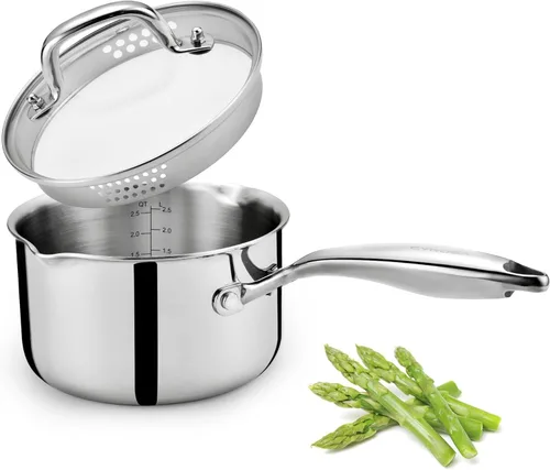 Vista 9 de Cyrosa Cacerola de 2.0 cuartos de galón con tapa, olla de acero inoxidable con tapa de colador, dos boquillas laterales para verter fácilmente