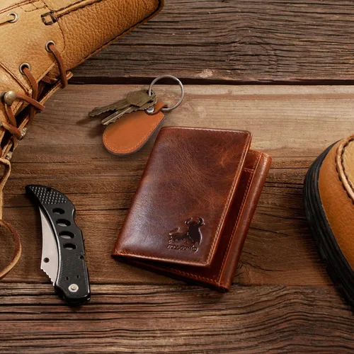 Vista 3 de Bull Guard - Cartera de cuero auténtico de doble pliegue tres secciones y protección RFID con ventana para documento identificación y bolsillo