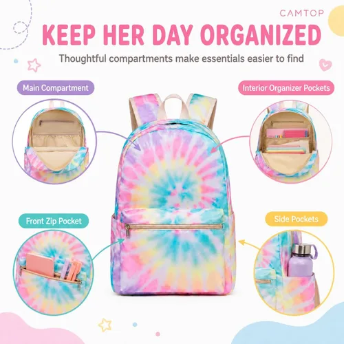 Vista 3 de CAMTOP – Juego de morral y lonchera para niñas de preescolar y primaria, Teñido amarillo., S, Viajar A-Tie Dye Amarillo