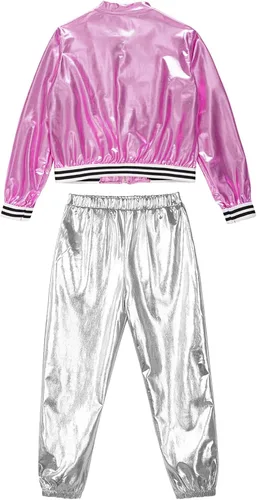 Vista 6 de TiaoBug Kids Boys Girls Jazz Hip Hop Dance Costumes Shiny Metallic Long Sleeves Bomber Jacket and Pants Set Dancewear