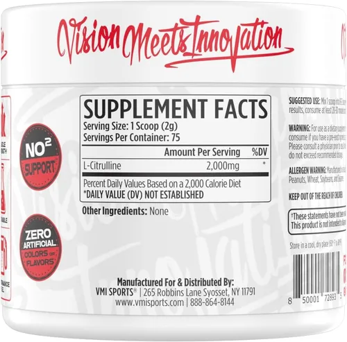 Vista 3 de VMI Sports Citrulina en polvo sin sabor L-citrulina pura Promueve las bombas musculares de óxido nítrico 0.07 oz por porción – 75 porciones
