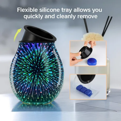 Vista 5 de Leyoue - Calentador eléctrico de cera con forma de fuegos artificiales 3D de vidrio con placa de calentamiento PTC, bandeja reutilizable