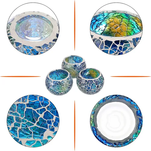 Vista 4 de OwnMy Juego de 3 portavelas de té de vidrio de mosaico azul, cuenco redondo, portavelas votivas, candelabros de mosaico de vidrio, candelitas