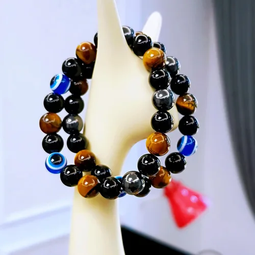 Vista 75 de Pulseras de triple protección con piedra de ojo de tigre de obsidiana negra con hematita para hombres y mujeres, pulsera de piedra curativa
