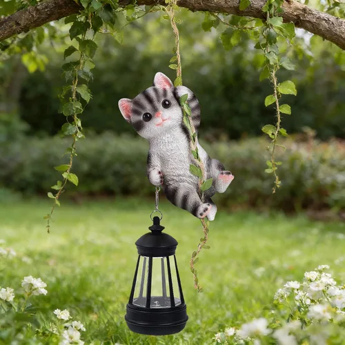 Vista 8 de Estatua de gato colgante solar, figura de gato negro de resina para exteriores con luces LED, adorno de gatito para jardín, valla, porche, patio