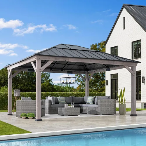 Vista 16 de Kiosco con techo rígido Sunjoy de 9 x 9 pies. Gazebo de madera con estructura de cedro mejorado con techo de acero marrón y policarbonato a dos