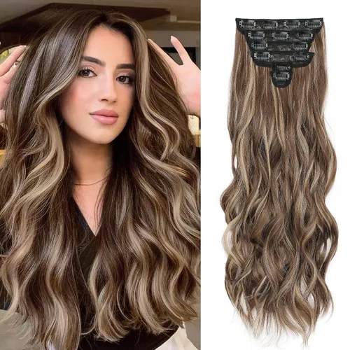 Vista 18 de Extensiones de cabello con clip para mujer, mezcla negra oscura con reflejos marrón claro, 20 pulgadas, 6 piezas, extensiones de cabello largo