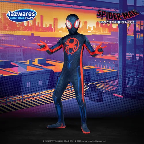 Vista 5 de Marvel Miles Morales - Traje Zentai oficial para jóvenes, overol de elastano con diseño impreso y máscara de elastano desmontable con ojos
