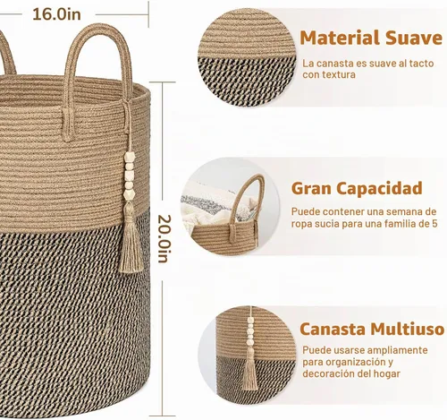 Vista 3 de Goodpick - Cesta tejida de yute para mantas decorativa, cesta de almacenamiento para toallas, zapatos, juguetes, cesta de lavandería alta para sala