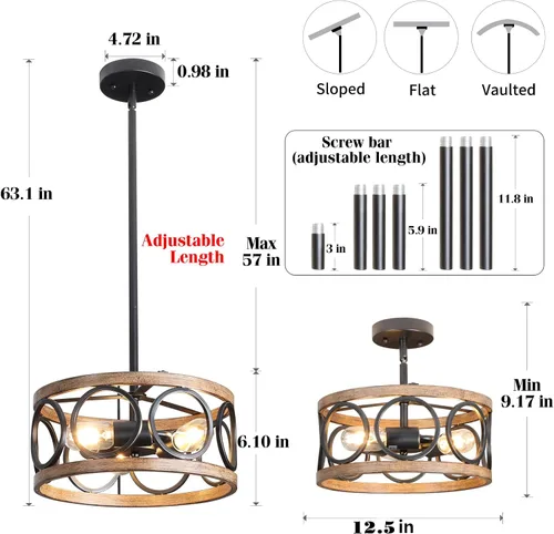 Vista 4 de Lámpara de techo semi empotrada, lámpara de techo de 3 luces estilo granja moderna, lámpara de techo vintage cerca del techo para cocina, pasillo