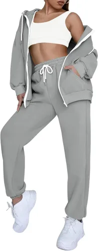 Vista 3 de Fixmatti Conjunto deportivo con capucha y cremallera para mujer conjunto deportivo de 2 piezas con bolsillos Blanco