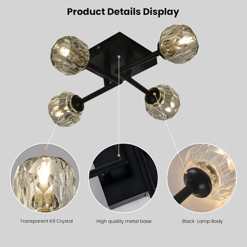 Vista 6 de Sputnik - Lámpara de techo semiempotrada de cristal negro de 4 luces, lámpara industrial para cocina, dormitorio, sala de estar, pasillo, bombilla
